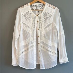 Anthropologie White Lace Button-Up Top